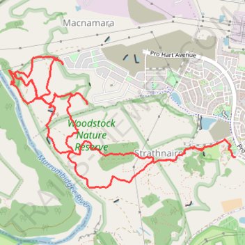 The Nguurung Bila Loop, the Woodland Loop, and the River Decent Tracks within The Corridor at Strathnairn walked trail, distance, elevation, map, profile, GPS track
