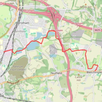 Walk Nutfield Marsh to Bletchingley via Mercer's Lake and Spynes Mere in Surrey Hills National Landscape trail, distance, elevation, map, profile, GPS track