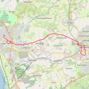Irvine, Scotland to Kilmarnock and back trail, distance, elevation, map, profile, GPS track