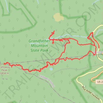 Calloway Peak loop via Nuwati Trail, Storyteller Rock, Cragway Trail, Top Crag View, Flat Rock View and Daniel Boone Scout Trail in Grandfather Mountain State Park trail, distance, elevation, map, profile, GPS track