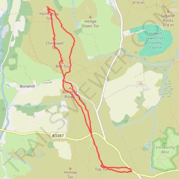 Top Tor, Bonehill Rocks, Bell Tor, Chinkwell Tor and Honeybag Tor Loop trail, distance, elevation, map, profile, GPS track