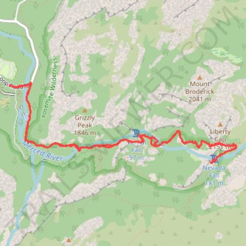 Nevada Fall trail, distance, elevation, map, profile, GPS track