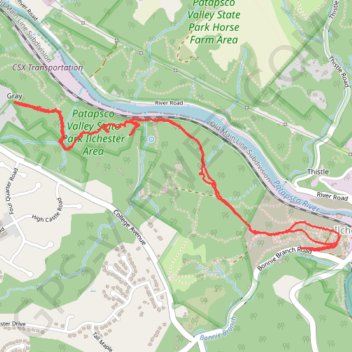 Crossing Patapsco Valley State Park Ilchester Area trail, distance, elevation, map, profile, GPS track