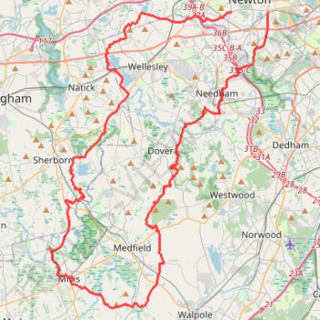 Various trails and roads in Needham/Dover/Medfield/Millis/Sherborn and others trail, distance, elevation, map, profile, GPS track